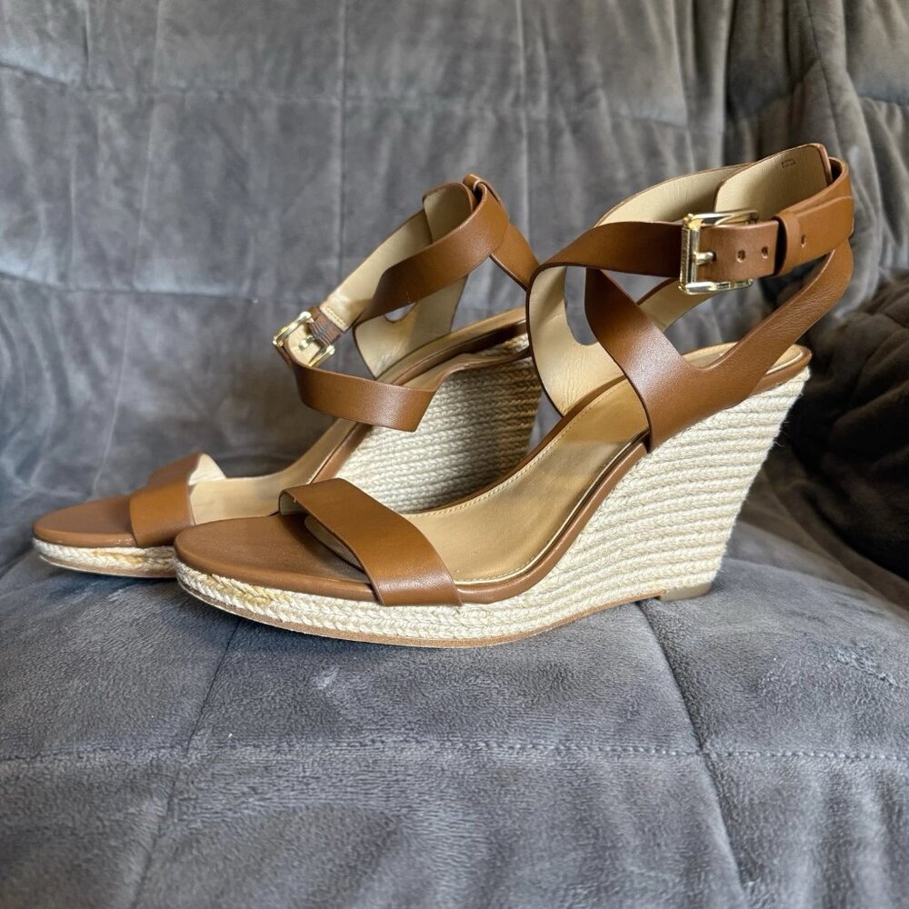 Michael Michael Kors Tan Leather Espadrille Wedge Sandals Size 8.5M | Resort